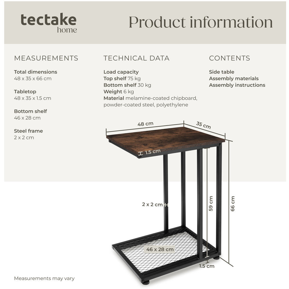 tectake Eton 2 Shelf Dark Industrial Wood Rustic Bedside Table Image 9