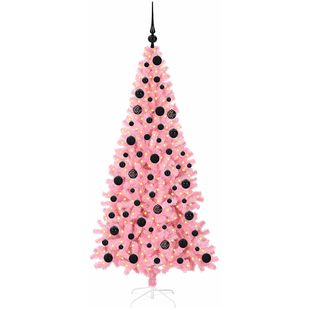 vidaXL Pre-Lit Black Baubles Pink Artificial Christmas Tree 6ft Image 1