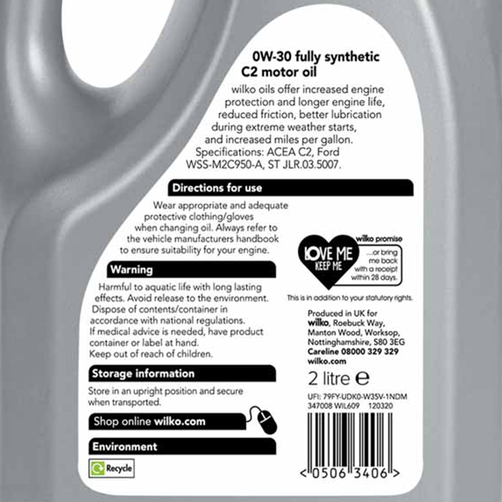 Wilko 0W-30 Fully Synthetic Oil C2 2L Image 6