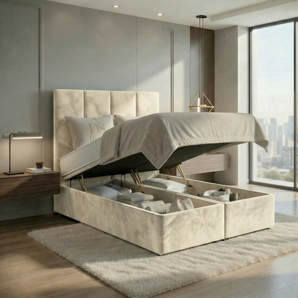 DS Living Harmony King Size Cream Plush Velvet Ottoman Bed Image 2