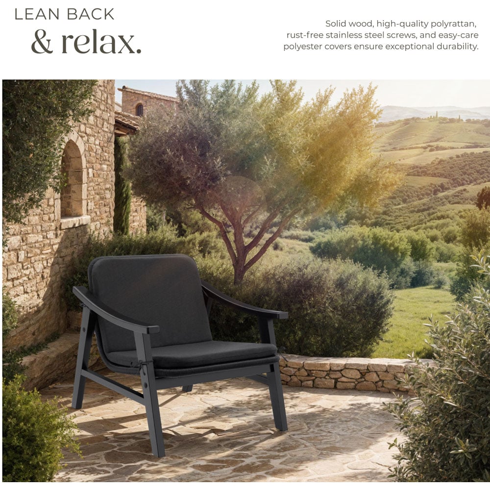 tectake Black Rattan and Varnished Wood Lounge Arm Chair Image 4