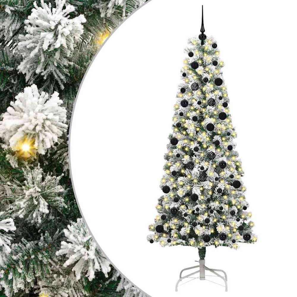 vidaXL Pre-Lit Warm White LED and Black Baubles Snow Flocked Artificial Christmas Tree 8ft Image 2