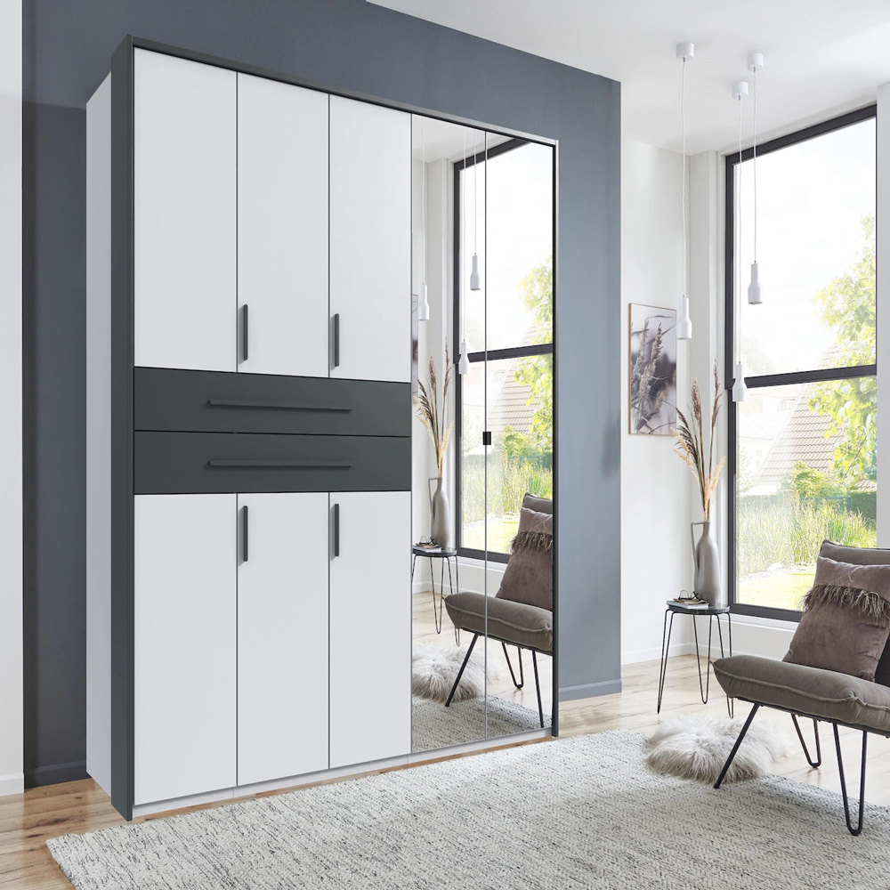 TJ'S Digit 5 Door 2 Drawer White and Graphite Mirrored Wardrobe Image 6