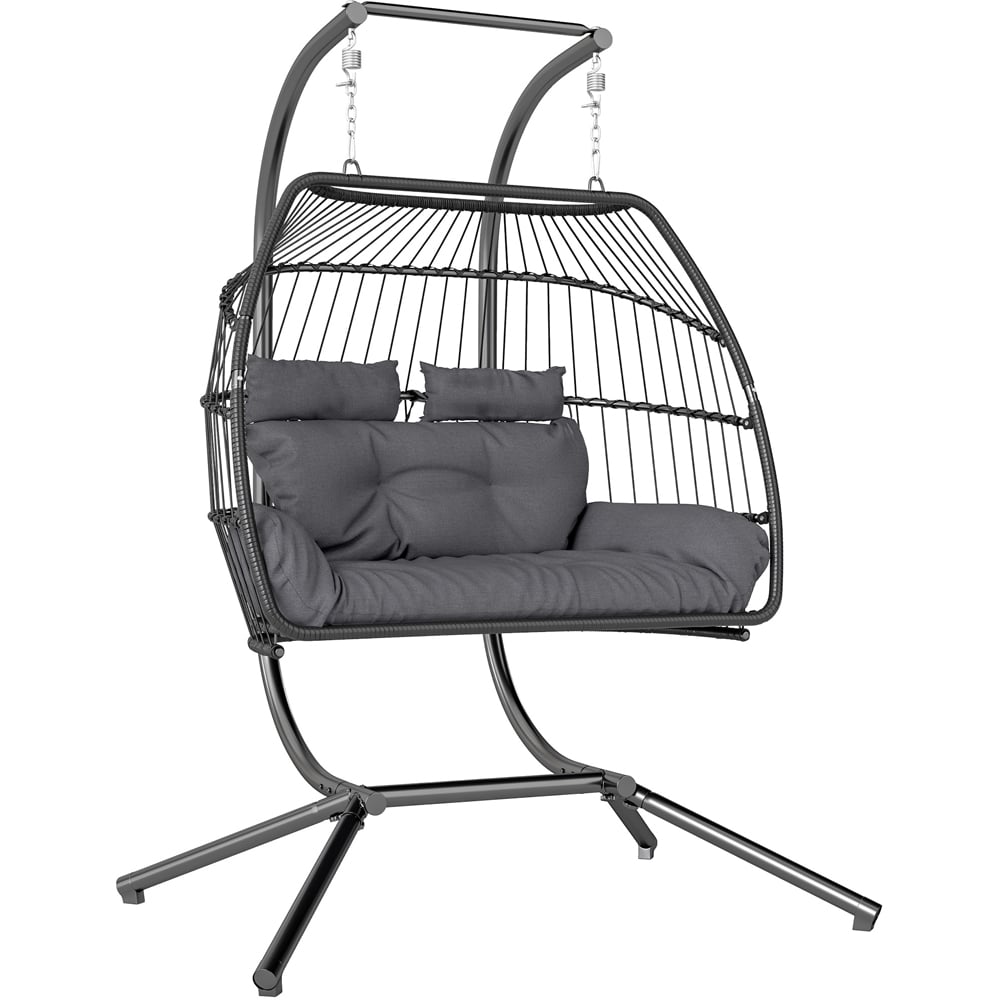 Outsunny 2 Seater Dark Grey Rattan Hanging Egg Chair with Stand and Cushion Image 2