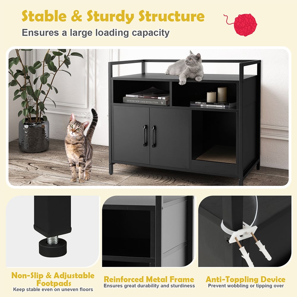 Costway Black Wooden Cat Litter Box Enclosure with Scratching Board Image 8