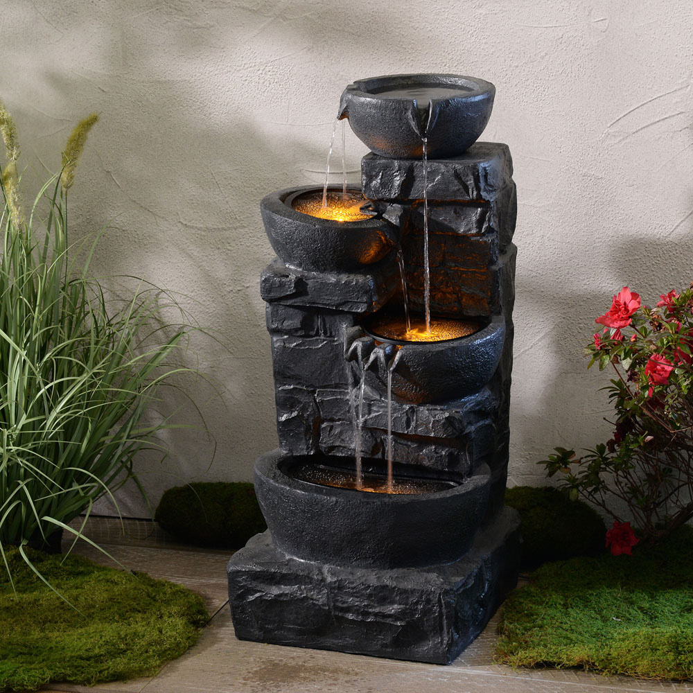 Teamson Home Dark Gray Cascading Bowls and Stacked Stones LED Outdoor Water Fountain 33 inch Image 8