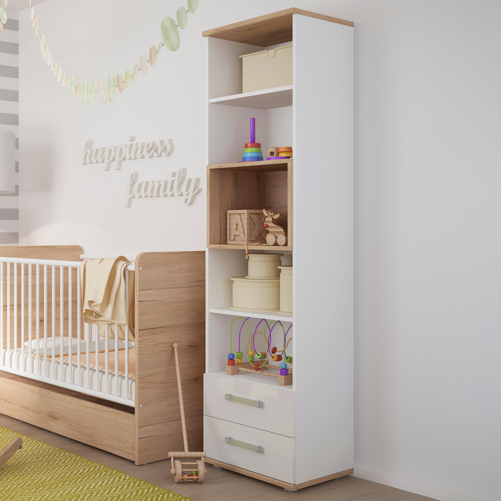 Florence 4Kids 2 Drawer 5 Shelf Oak and White Tall Bookcase with Lemon Handle Image 1