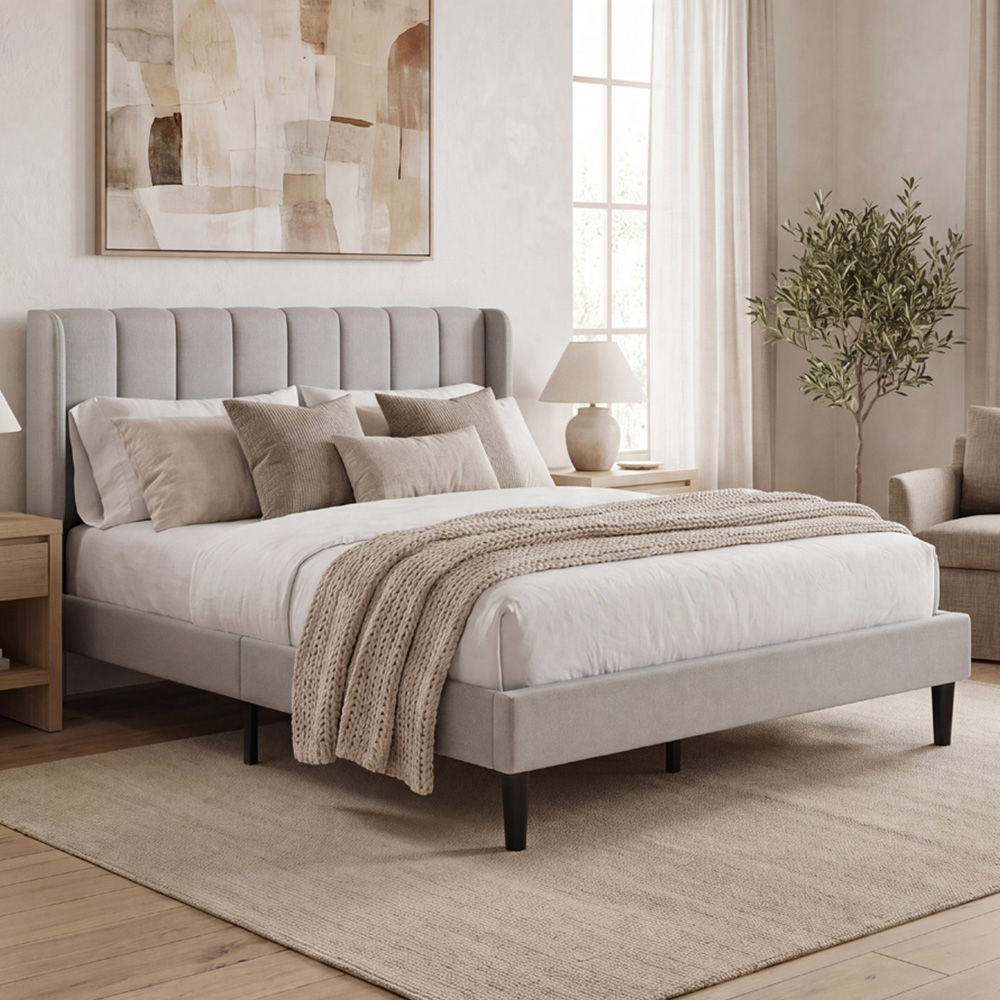 VIDA DESIGNS Vianna Double Beige Linen Fabric Bed with Memory Foam Bonnell Spring Mattress Image 1