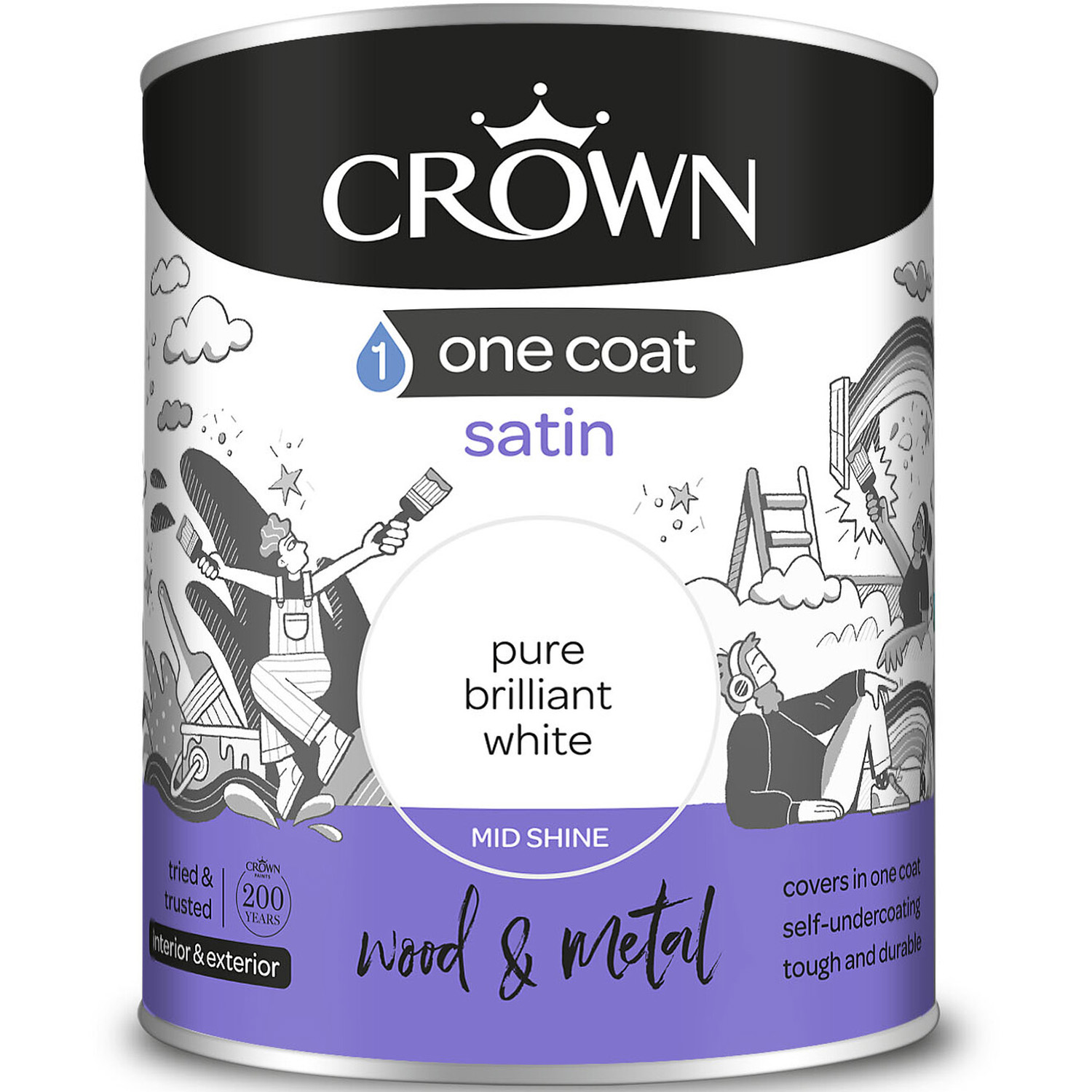 Crown One Coat Wood and Metal Pure Brilliant White Satin Paint 750ml Image 2