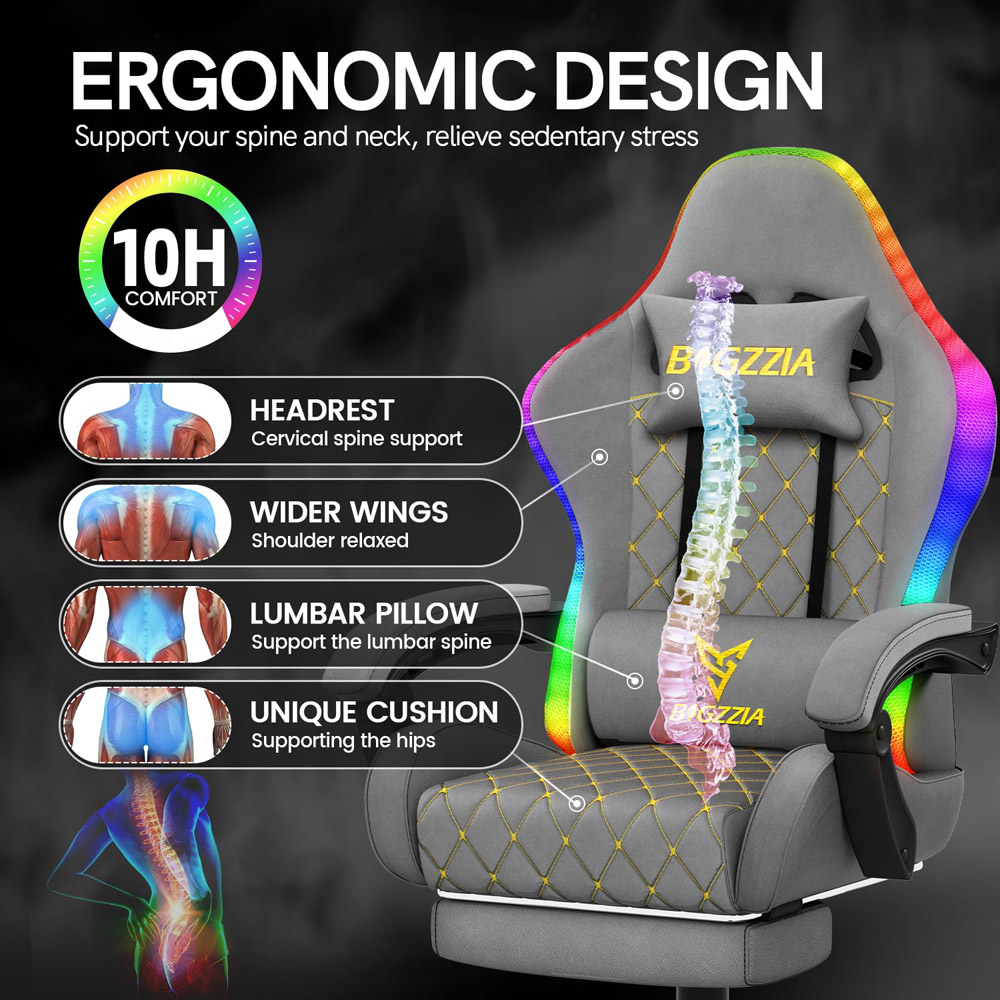 Rattrix Grey Reclining RGB Gaming Chair with LED Lights and Footrest Image 3