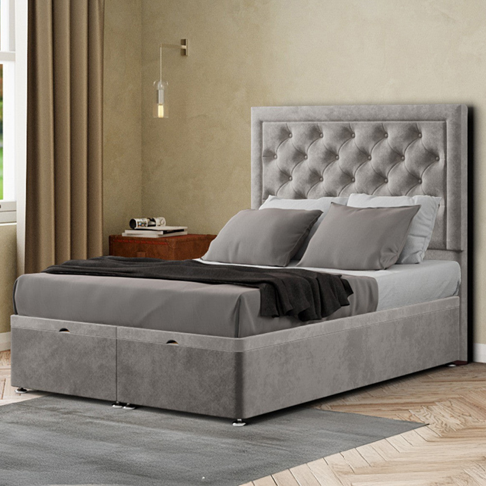 Eleganza Castle Small Double Silver Plush Ottoman Bed with Floor Standing Headboard Image 1