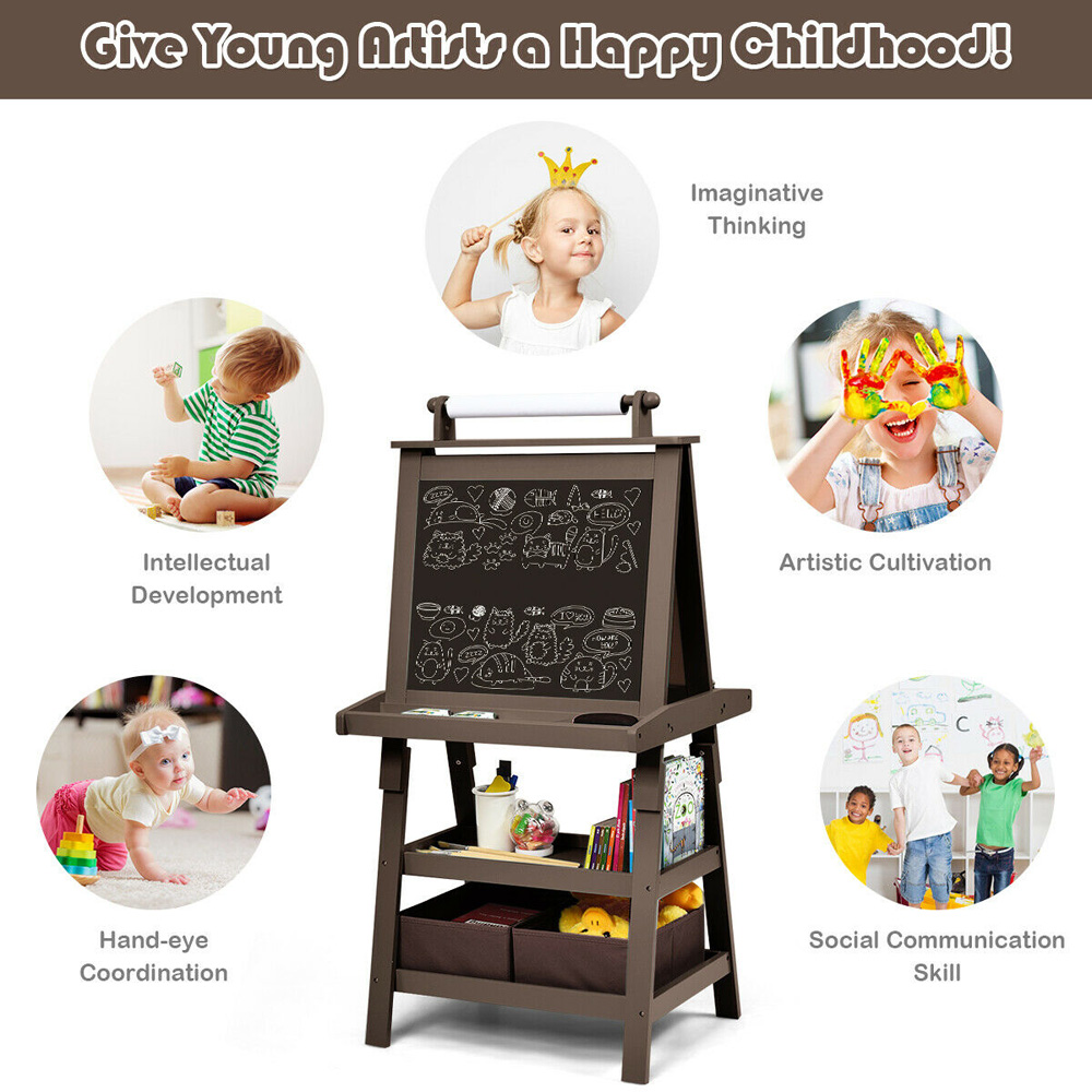 Costway Brown Double Sided Children Art Easel with Paper Roll Image 8