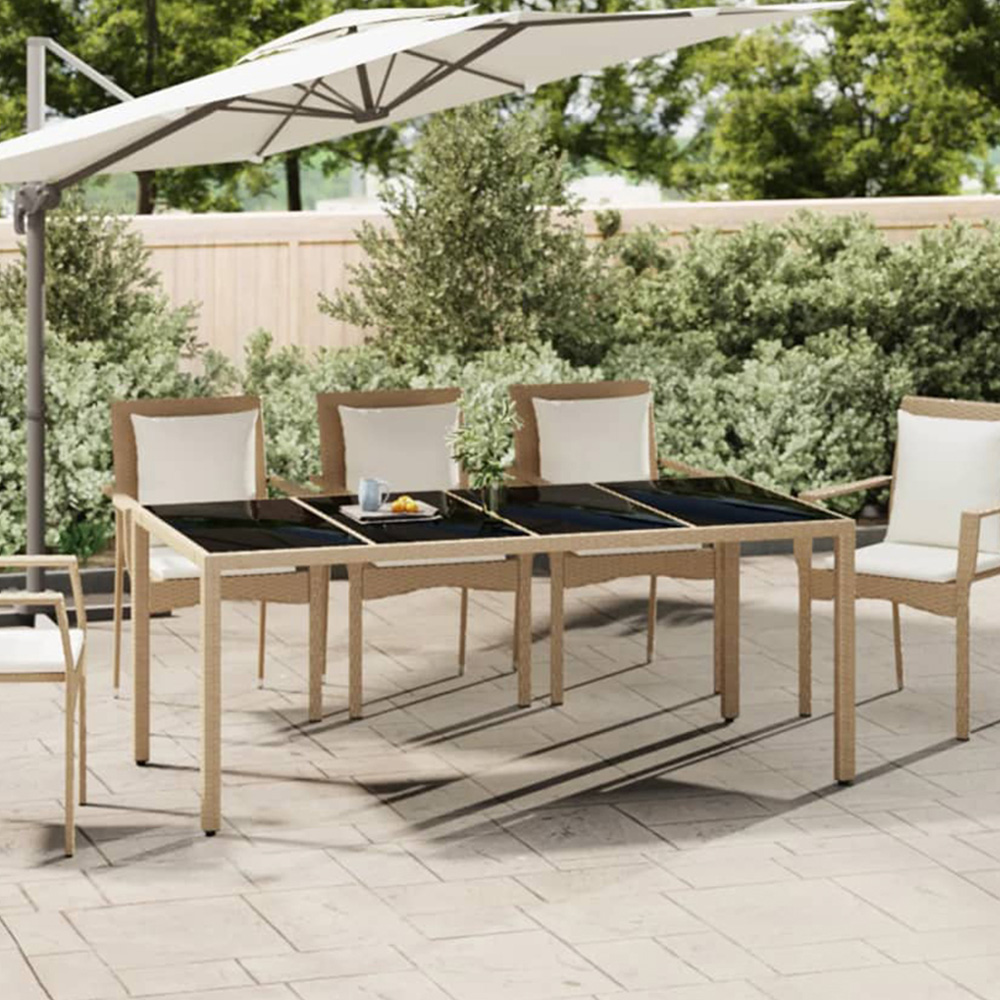 vidaXL 6 Seater Beige Polyrattan Tempered Glass Tabletop Garden Table Image 1
