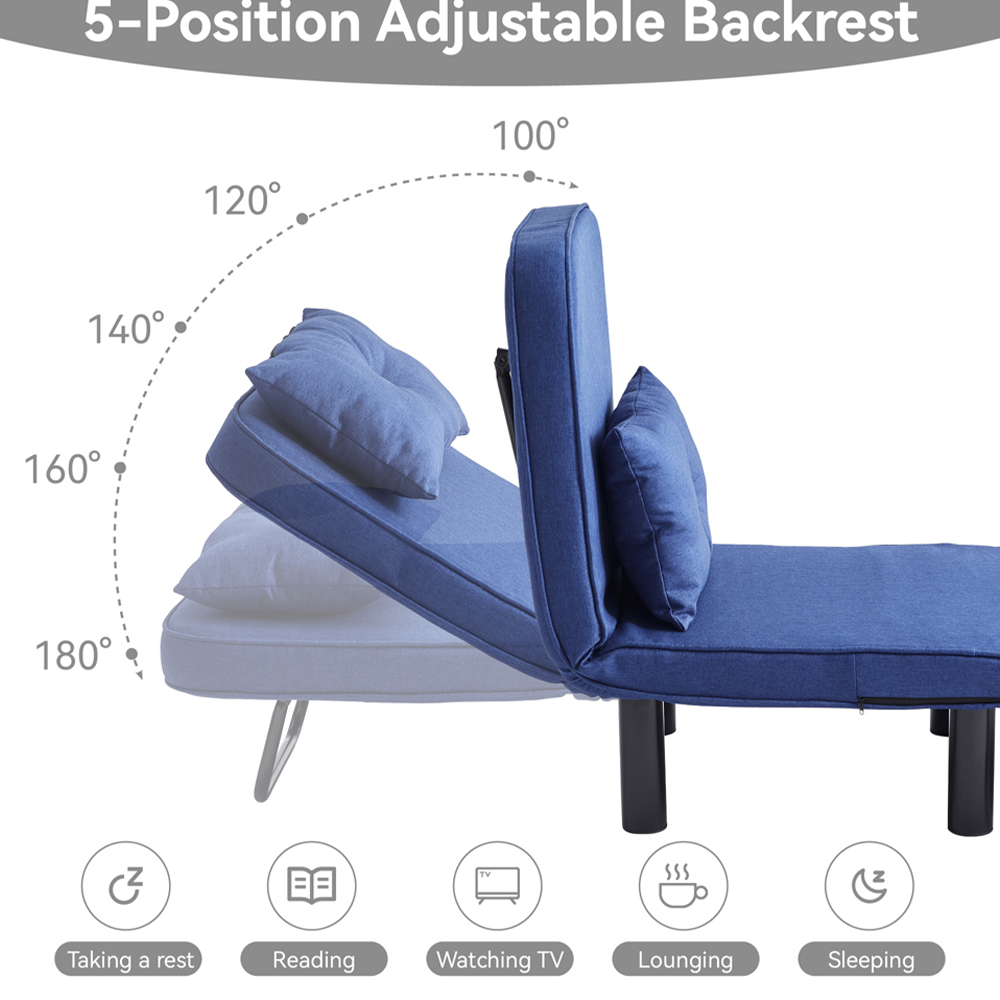Single Seater Blue 4-in-1 Foldable Sofa Bed with Adjustable Backrest and Large Cushion Image 6