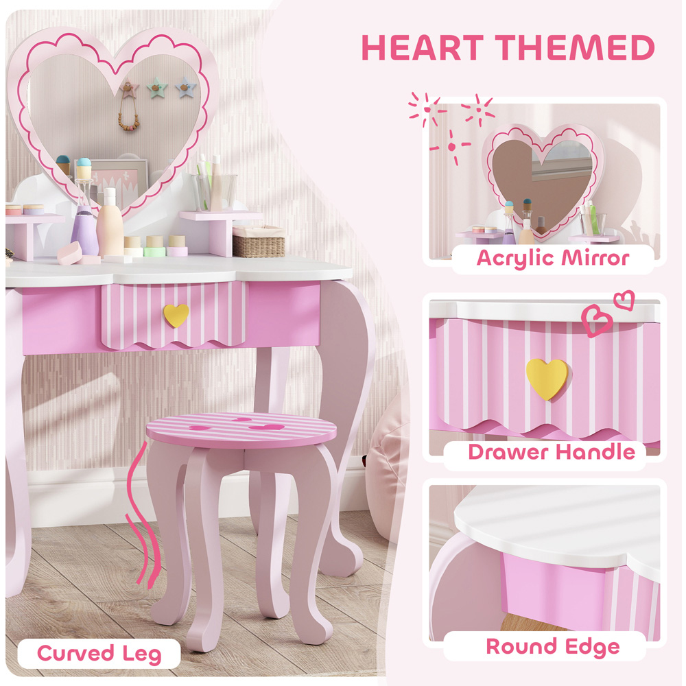 AIYAPLAY 2 Piece Pink Heart Mirror Kids Dressing Table Set Image 6