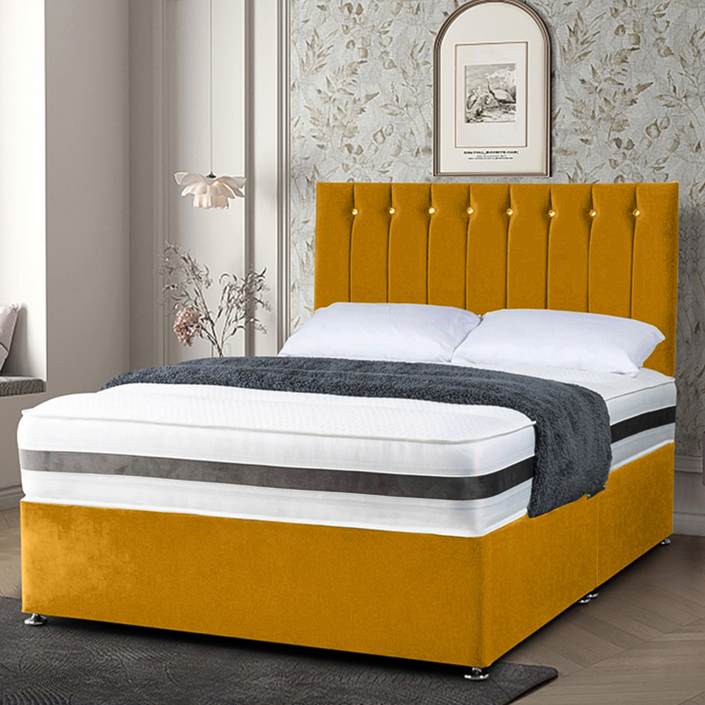 Eleganza Home Cocoon King Size Mustard Plush Velvet Divan Bed with Headboard Image 1