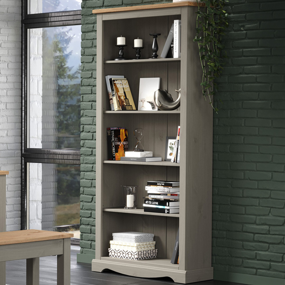 Corona 5 Shelf Grey Washed Wax Finish Tall Bookcase Image 1