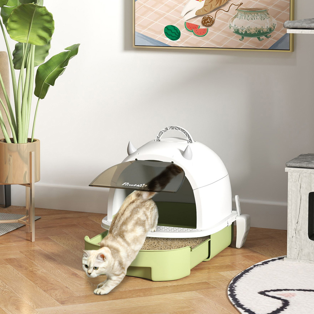 PawHut Green Enclosed Cat Litter Box with Lid and Pull-Out Drawer Image 2