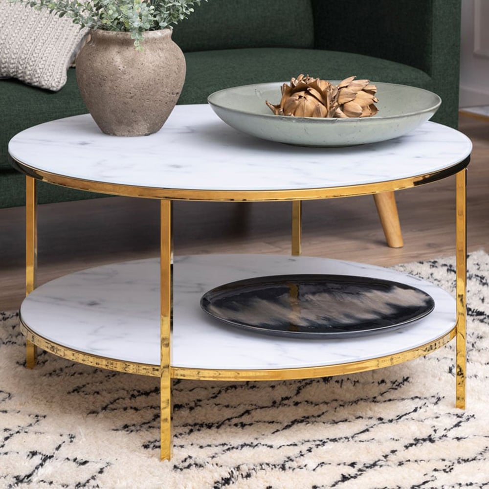 Florence Alisma White Marble Effect and Gold Round Coffee Table Image 1