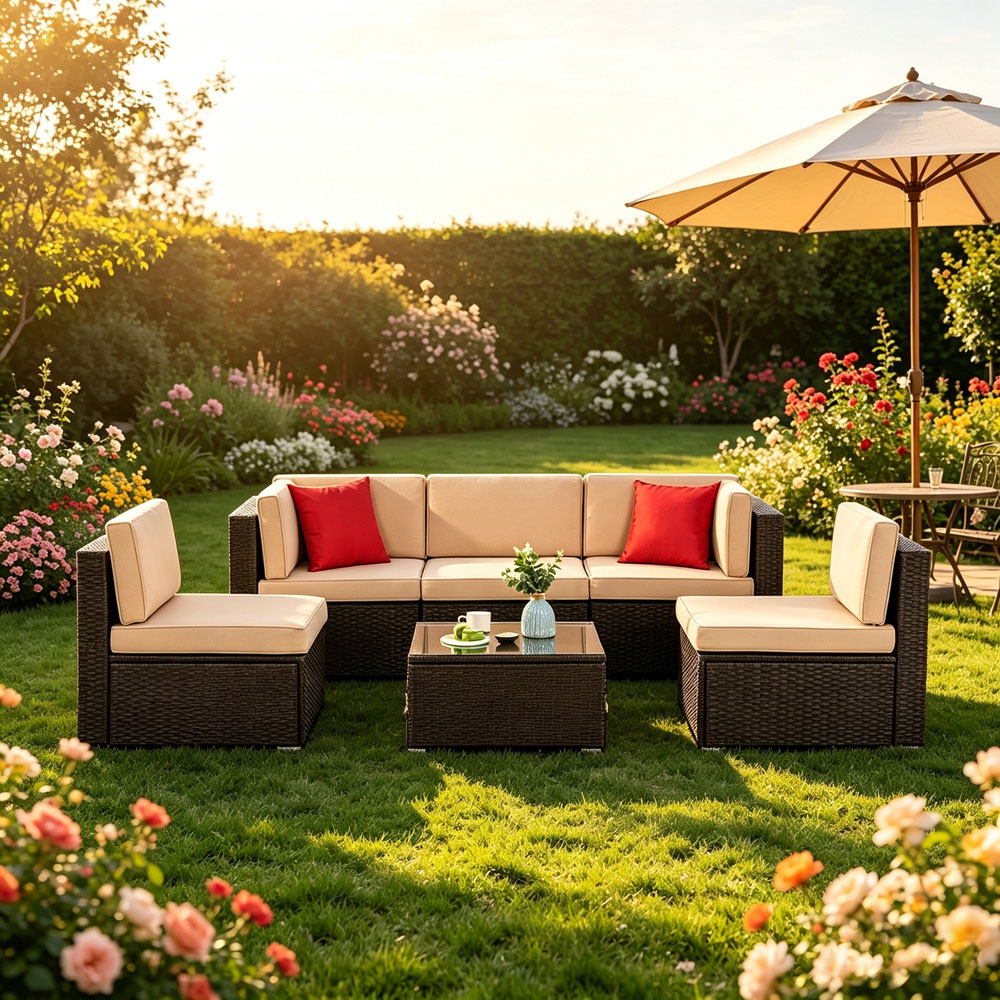 Willowmare 5 Seater Beige and Brown Rattan Patio Furniture Set Image 2