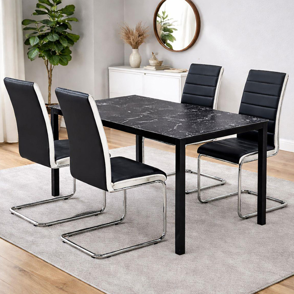 Portland 4 Seater Faux Leather Marble Effect Tabletop Dining Set Black and Chrome Image 1