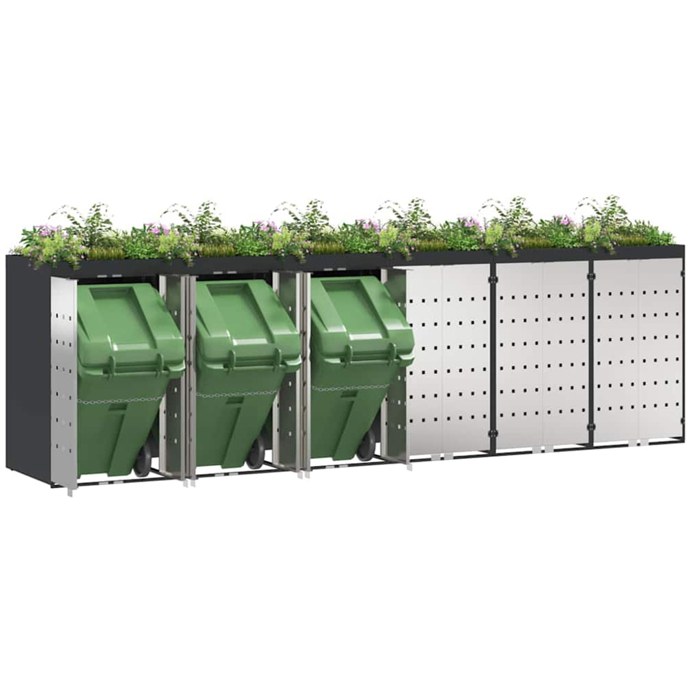 vidaXL Anthracite 6 Wheelie Bin Storage Shed with Stainless Steel Door and Planter Roof Image 3
