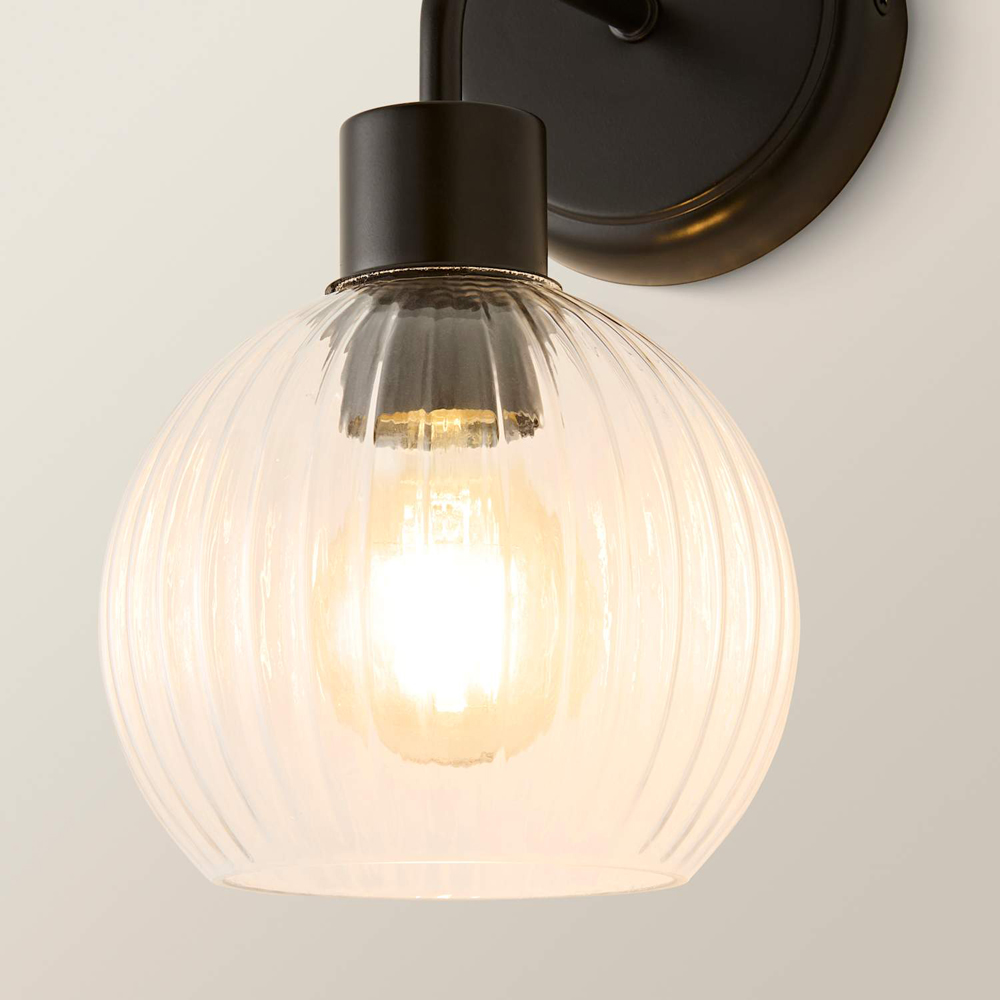 ValueLights Maddison Ribbed Glass Globe Black Metal Wall Light with Bulb Image 4