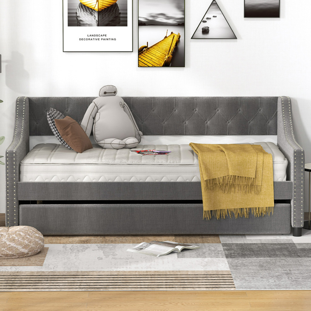 Costway Single Grey Linen Trundle Bed with Backrest Image 1