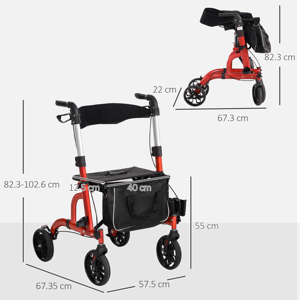 HOMCOM Red 4‑Wheel Lightweight Rollator Walker with Seat and Backrest Image 9