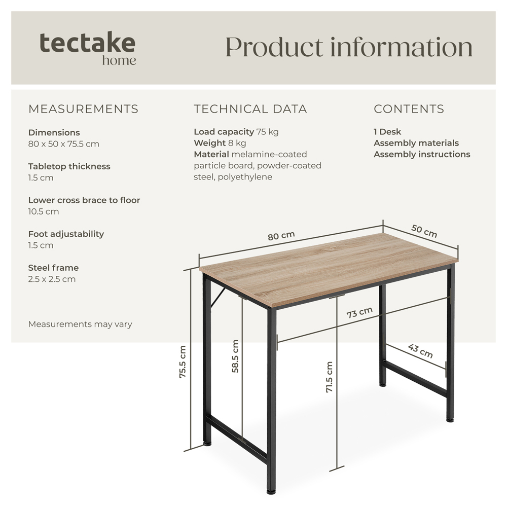 Tectake Jenkins Industrial Wood Study Desk Oak Sonoma 80cm Image 8