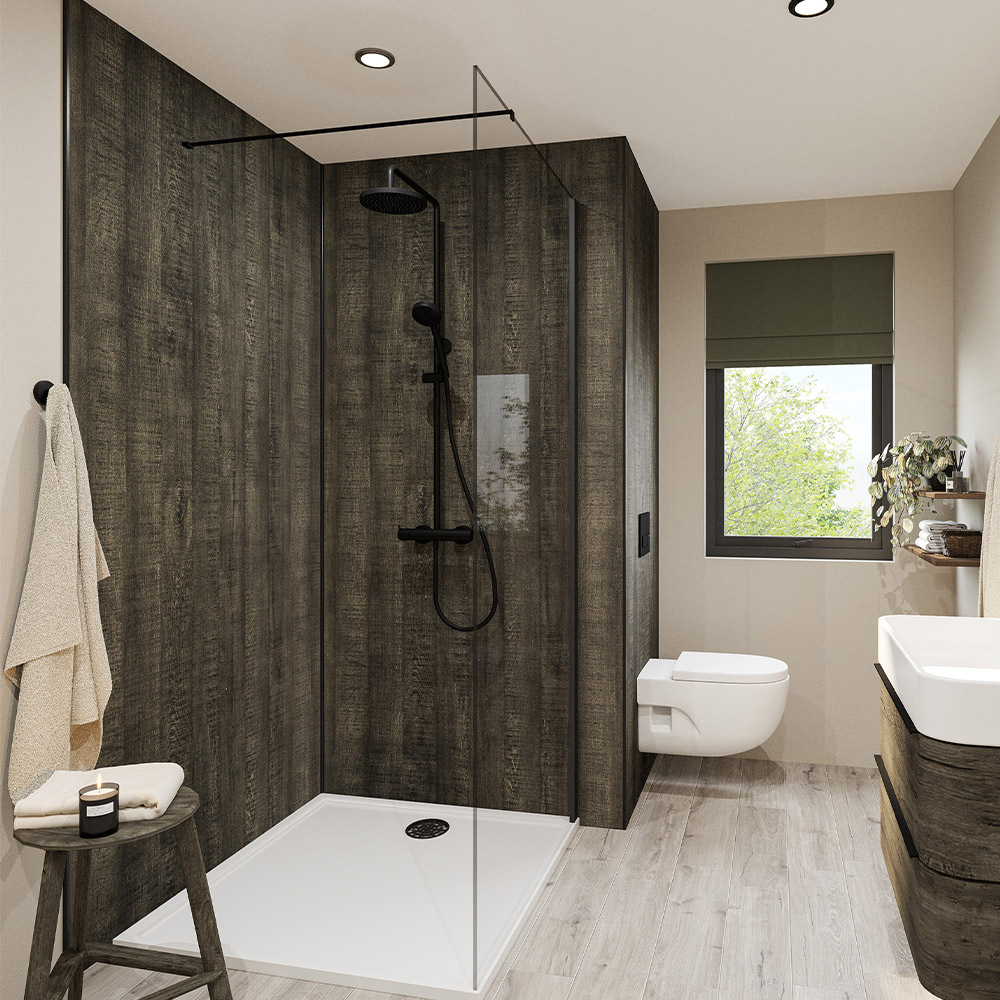 Wetwall Mermaid 2420 x 900mm Charred Elm Concrete Plywood Shower Wall Panel Image 1