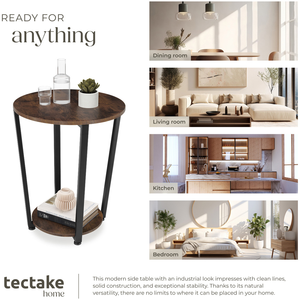 Tectake Swindon Single Shelf Round Rustic Dark Wood Bedside Table Image 7