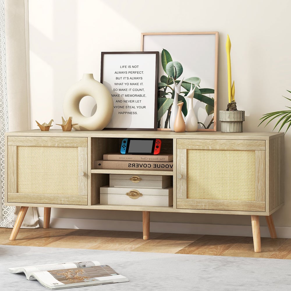 Costway 2 Door 2 Shelf Boho PE Rattan TV Stand Image 1