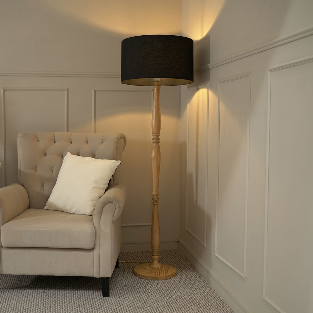 ValueLights Victoria Black Fabric Drum Shade Light Wood Traditional Stem LED Floor Lamp Image 2