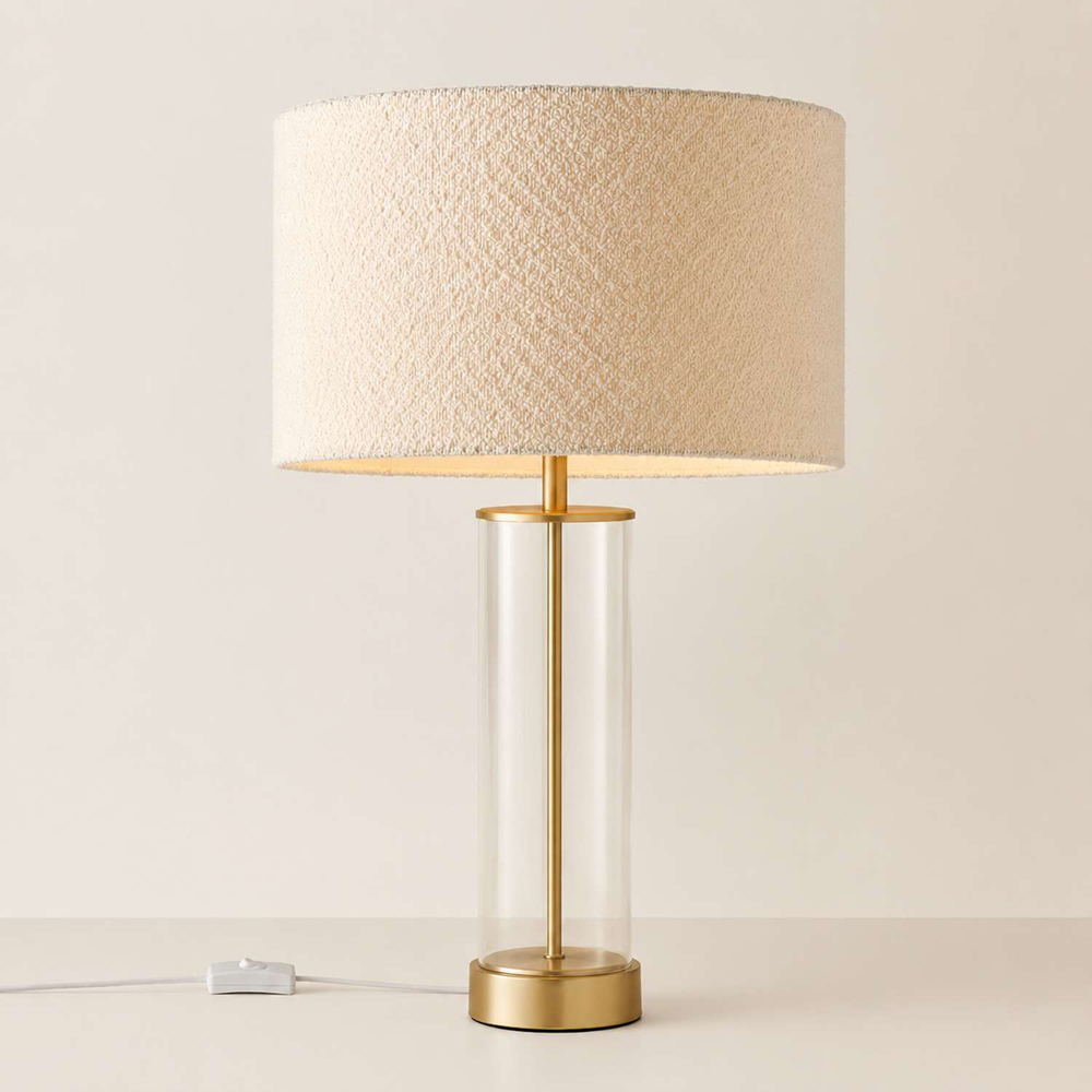 ValueLights Balan Cream Boucle Fabric Shade Gold Trim Glass Table Lamp with Bulb Image 3