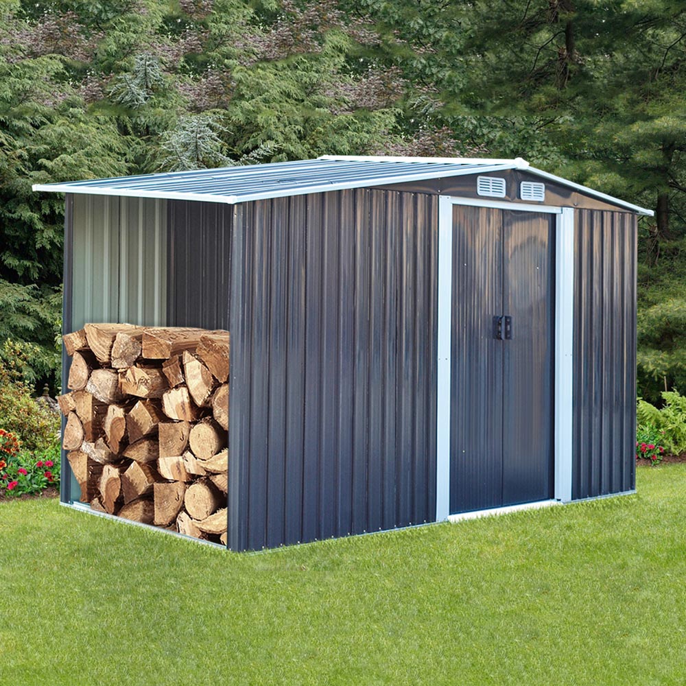 Living and Home 4 x 8ft Anthracite Metal Apex Garden Storage Shed with Log Storage Image 5