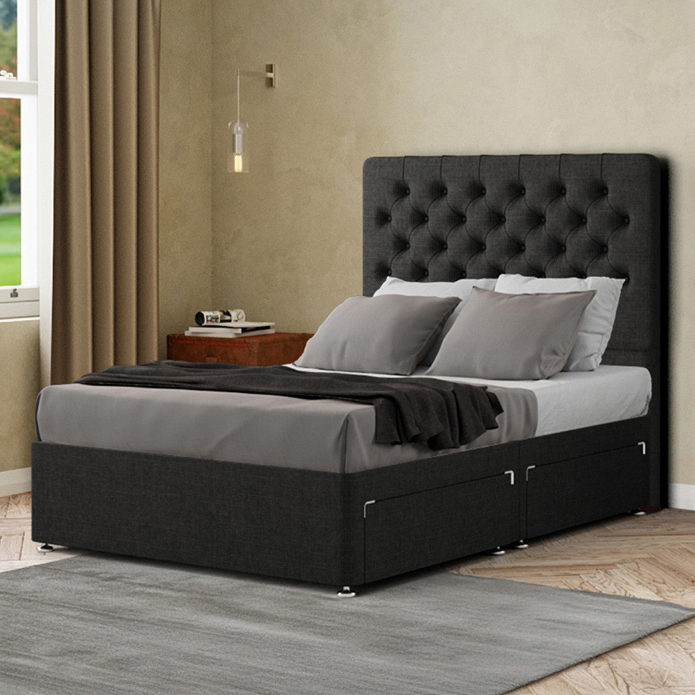 Portland Winchester King Size Black Linen Divan Bed with 2 Drawers and Headboard Image 1