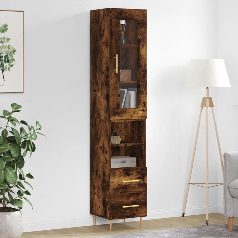 vidaXL Single Glass Door 2 Drawer 2 Shelf Smoked Oak Highboard Image 1
