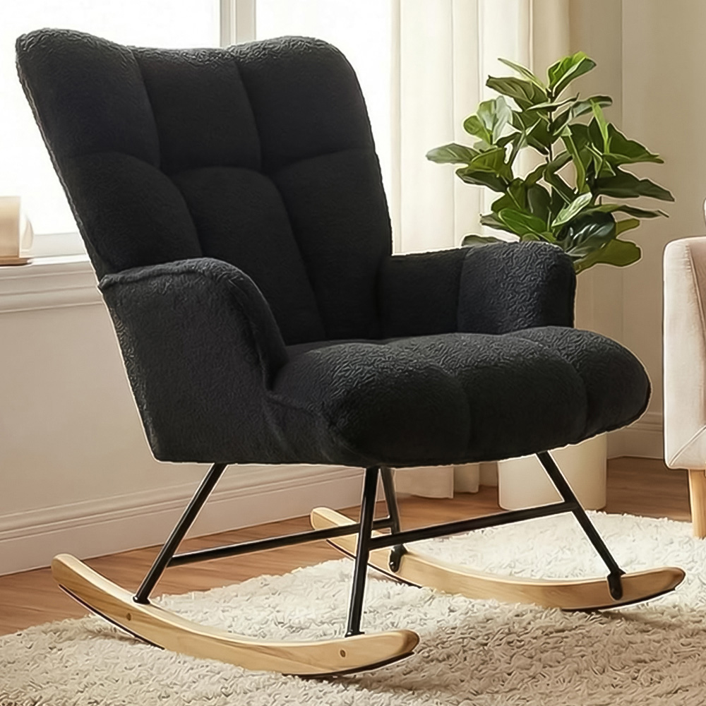 Alivio Black Teddy Plush High Backrest Rocking Chair Image 1