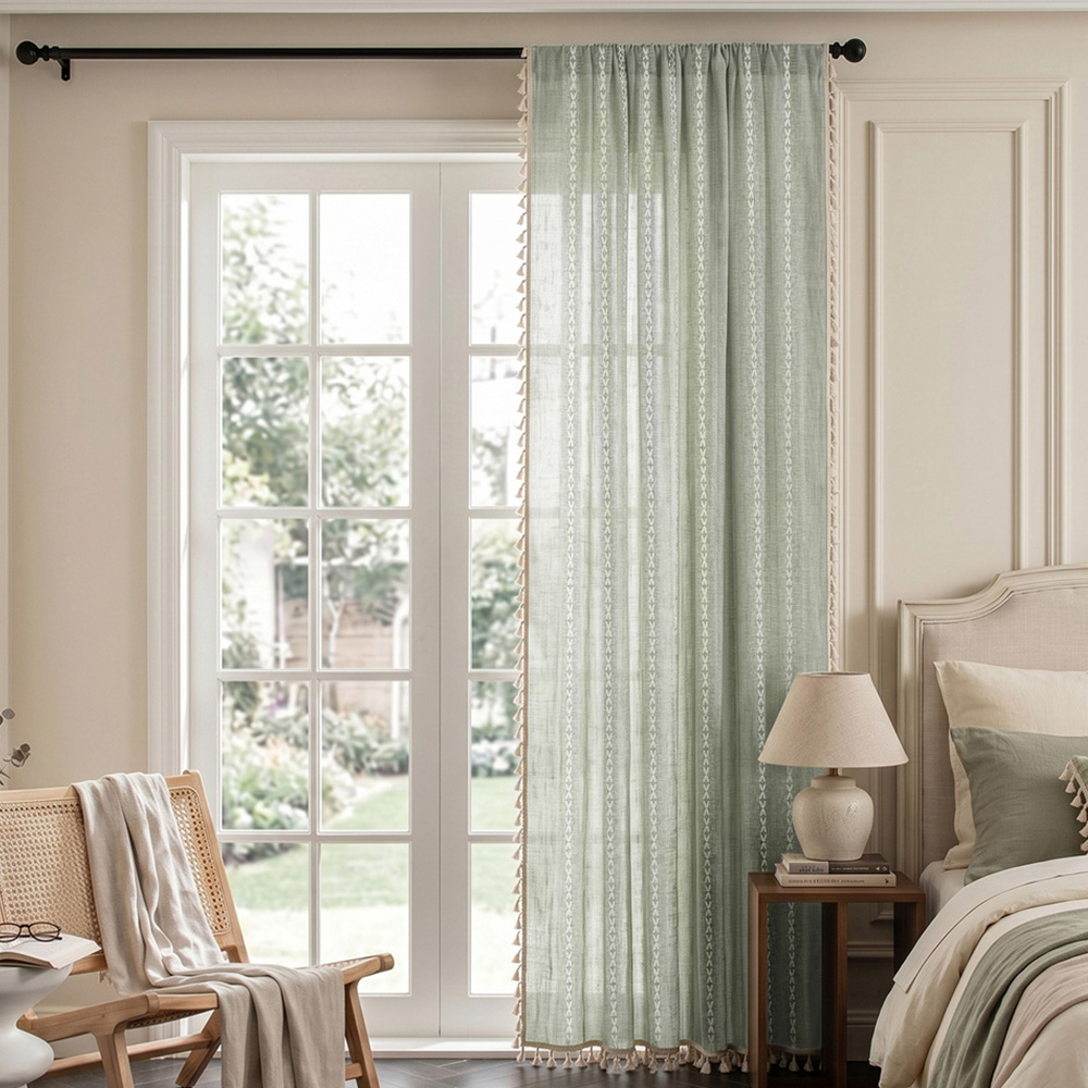 Living and Home Light Green Boho Tassel Faux Linen Curtain 132 x 260cm Image 1