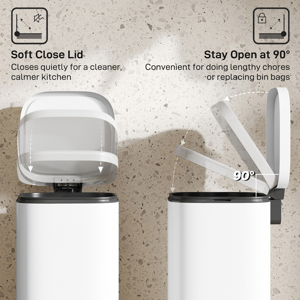 HOMCOM White Pedal Bin with Removable Inner Bucket and Soft-Close Lid 30L Image 5