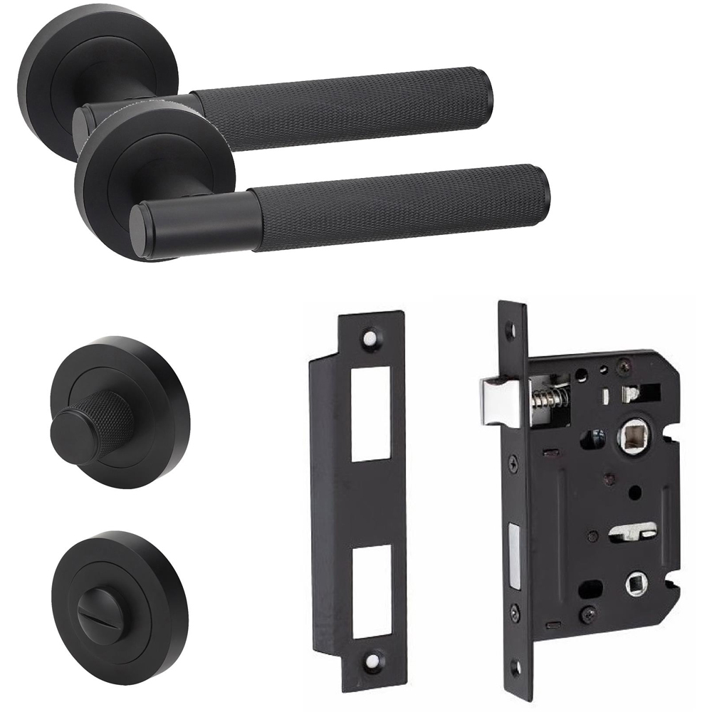 Golden Grace Knurled T-Bar Matt Black Bathroom Door Handles Thumbturn and Mortise Lock Set Image 1