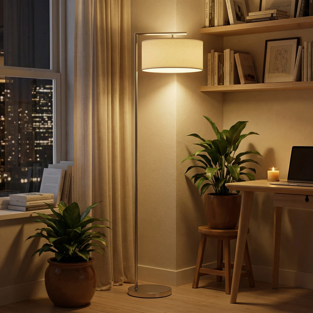 Portland White Linen Shade Silver Tone Pole LED Floor Lamp Image 2