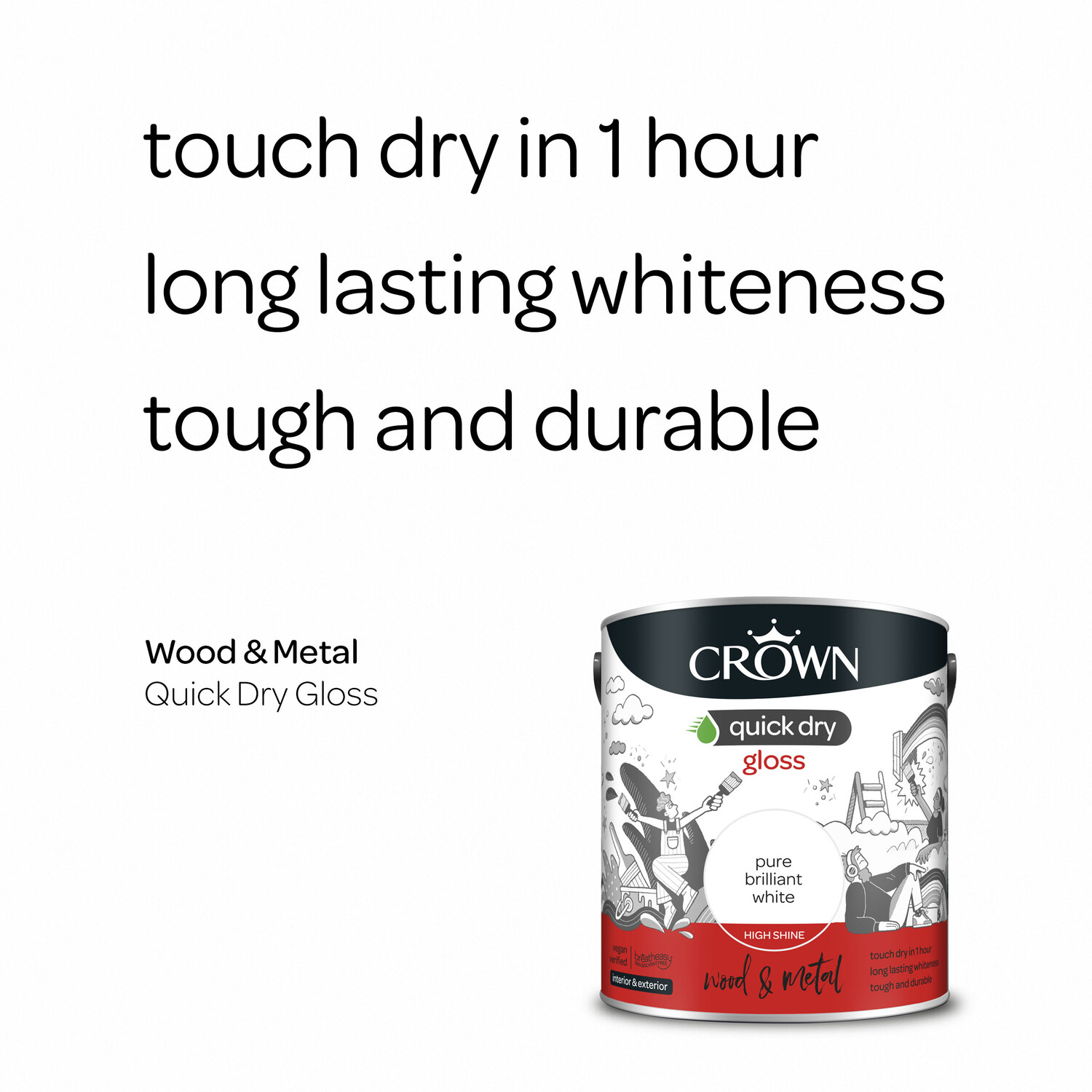 Crown Quick Dry Wood and Metal Pure Brilliant White Gloss Paint 2.5L Image 4