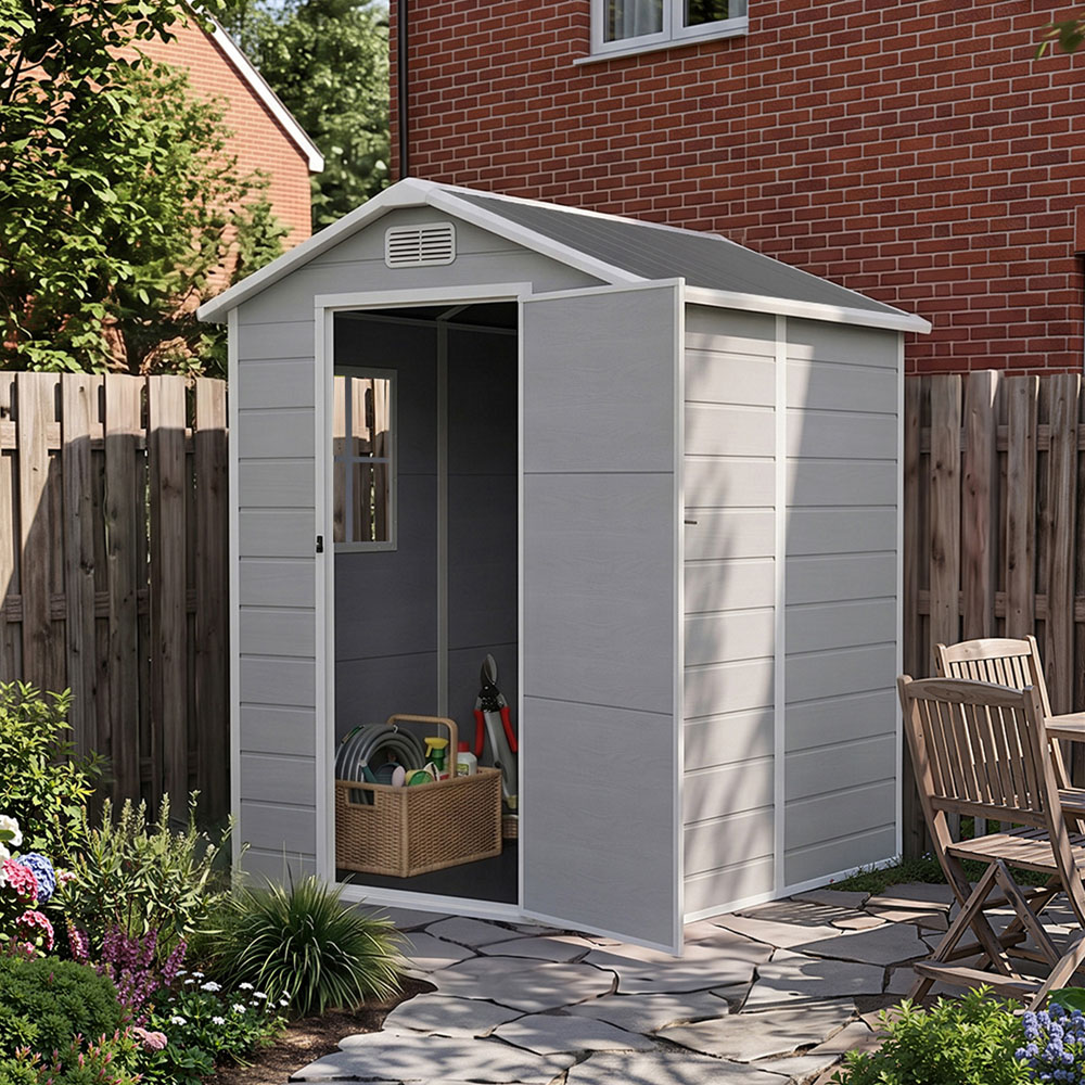 Living and Home 4 x 6ft Smokey Grey Wood Grain Plastic Garden Storage Shed with Floor Image 7