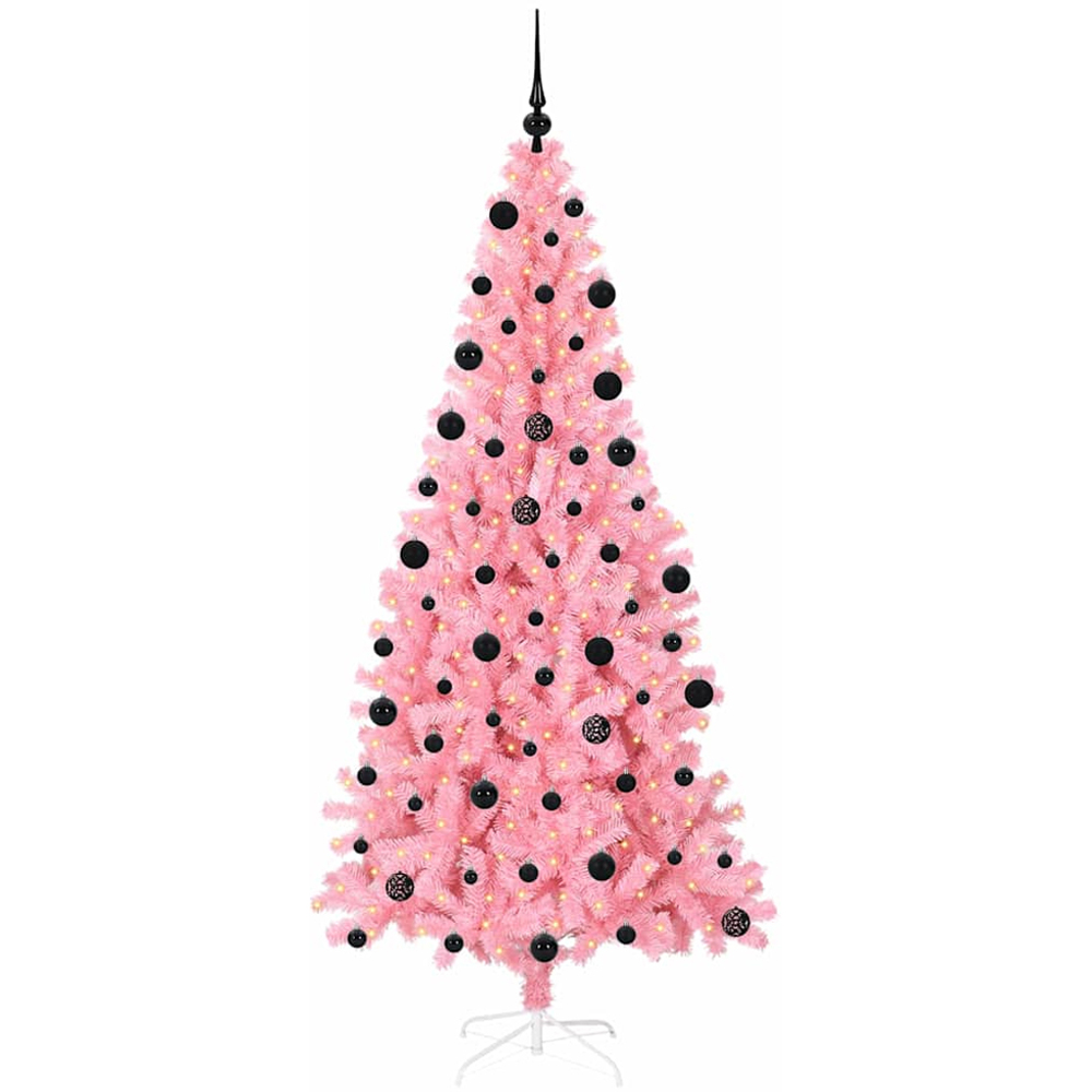 vidaXL Pre-Lit Black Baubles Pink Artificial Christmas Tree 7ft Image 1