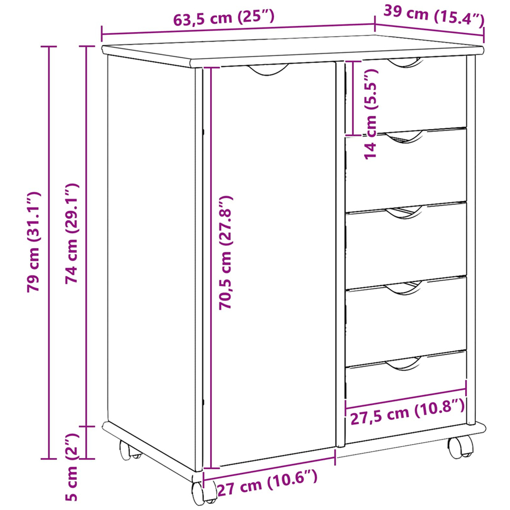 vidaXL Single Door 5 Drawer White Rolling Storage Cabinet Image 9