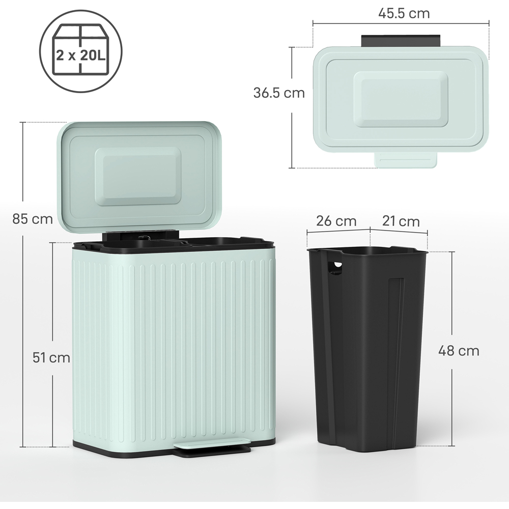 HOMCOM Green Double Bin Pedal Bin with Soft-Close Lid 40L Image 9