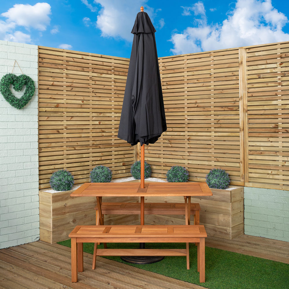 Samuel Alexander 4 Seater Wooden Rectangular Dining Bench Set with Black Parasol and Base Image 9