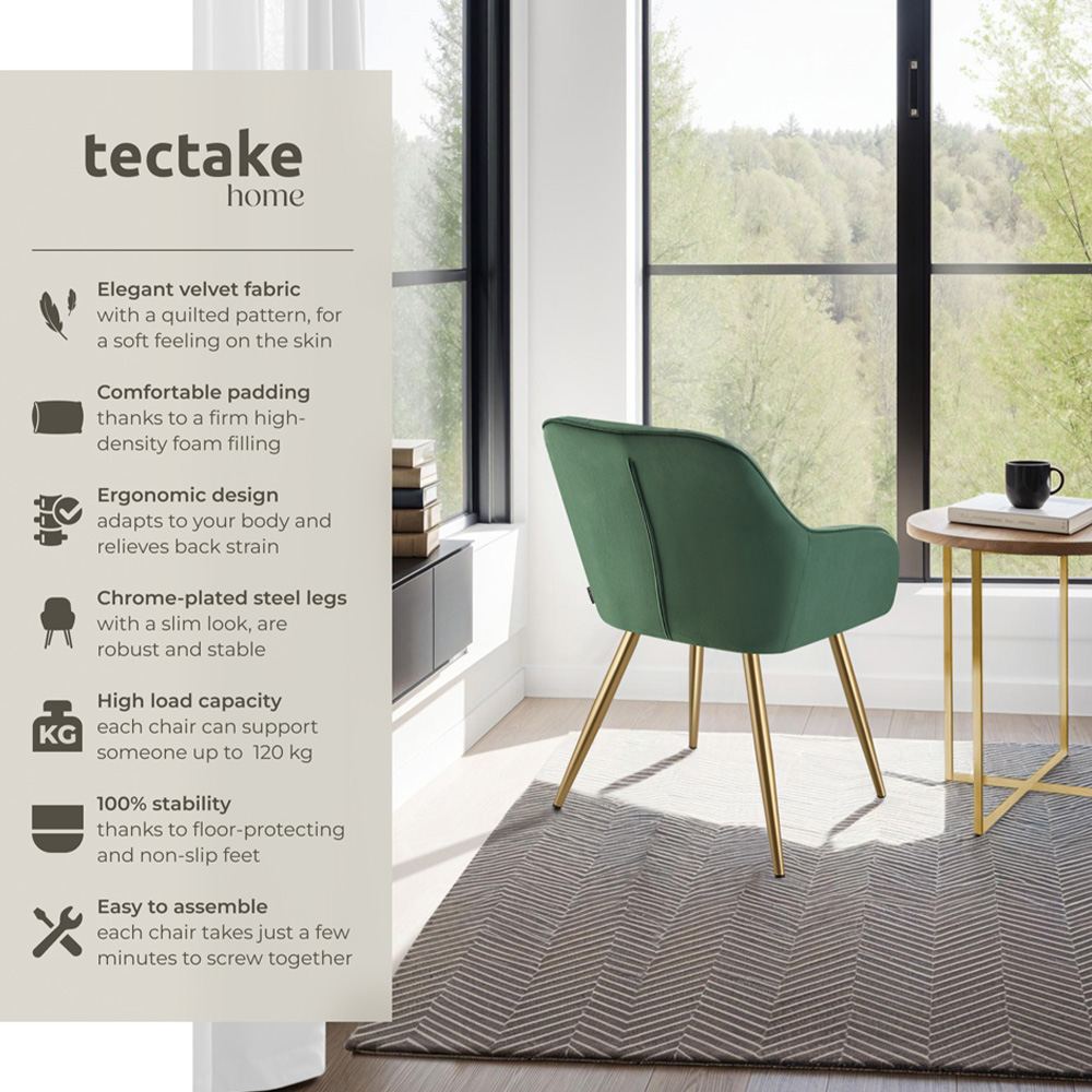tectake Marilyn Set of 6 Green and Gold Quilted Velvet Dining Chair Image 3
